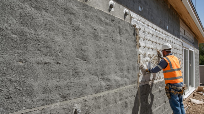 Fase di installazione di un sistema isolante a cappotto EPS o lana di roccia con tassellatura e applicazione della rete armata.